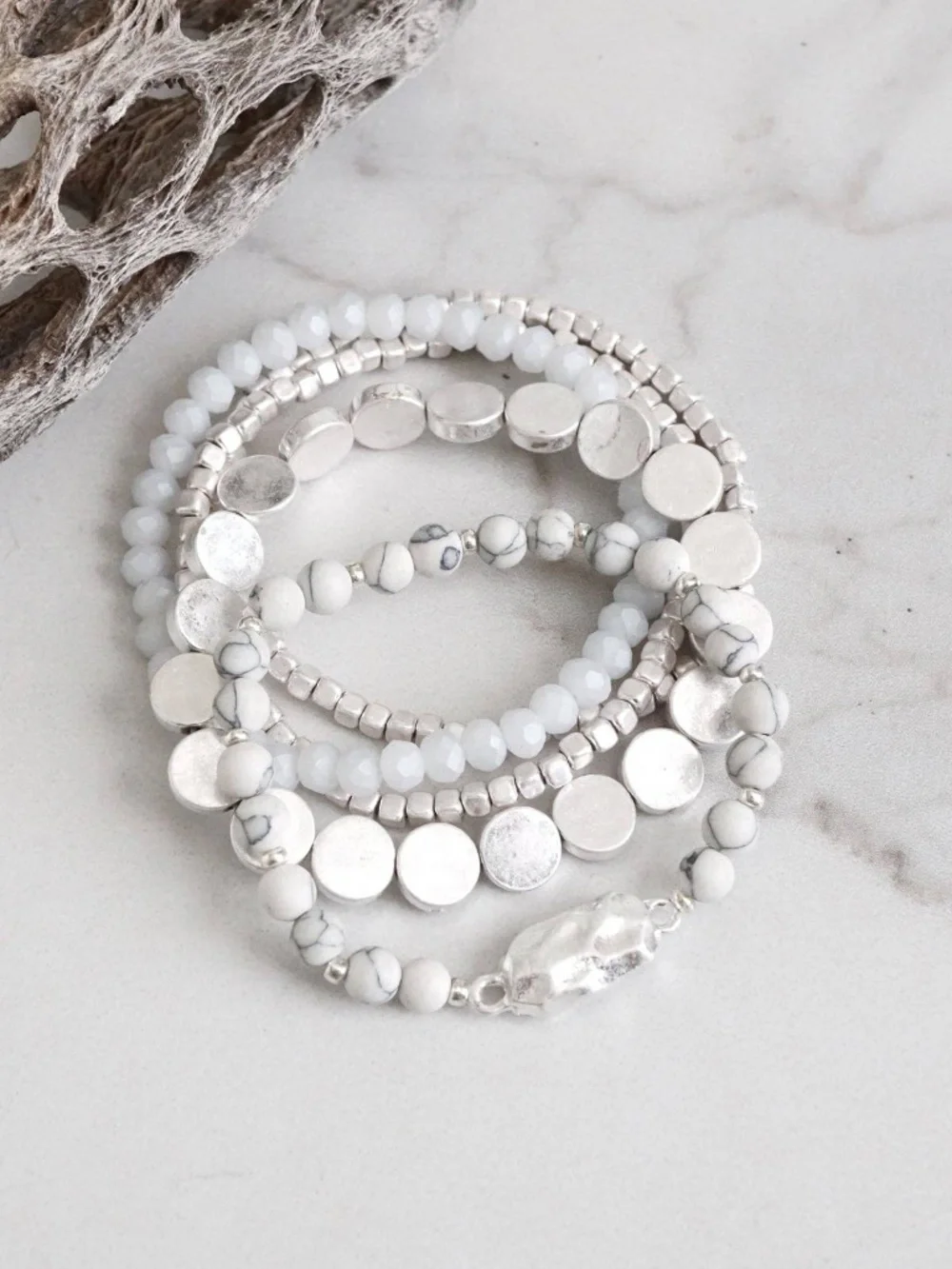 5 piece Boho Beaded Bracelets Stack Semi Precious Metal Glass
